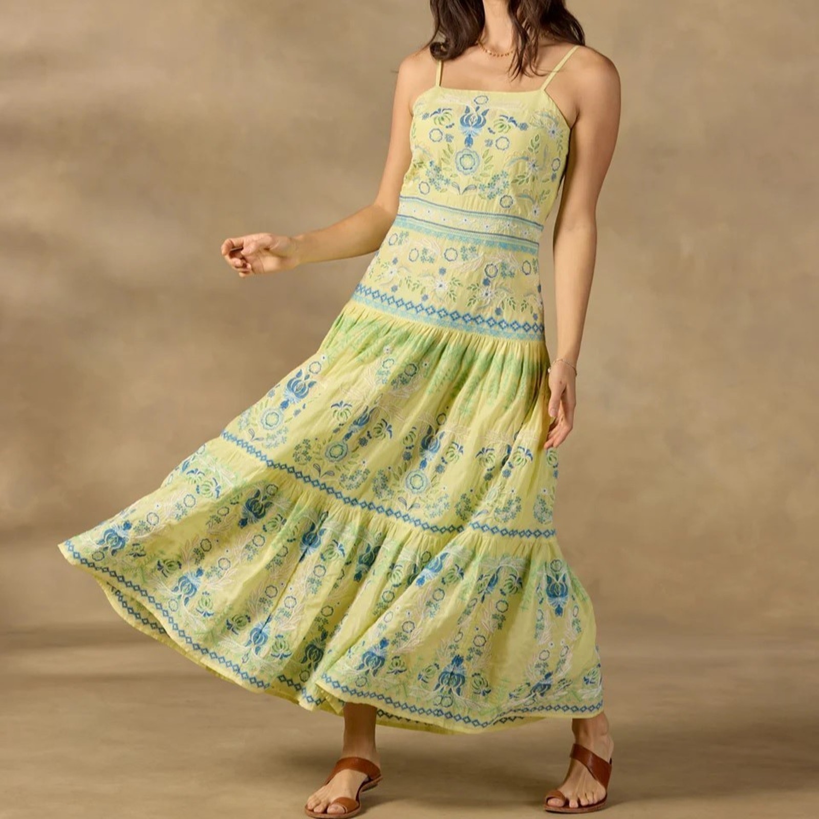 Sundance Dress Small Maxi Embroidered Floral Tiered Cotton Silk Beach Resort Euc
